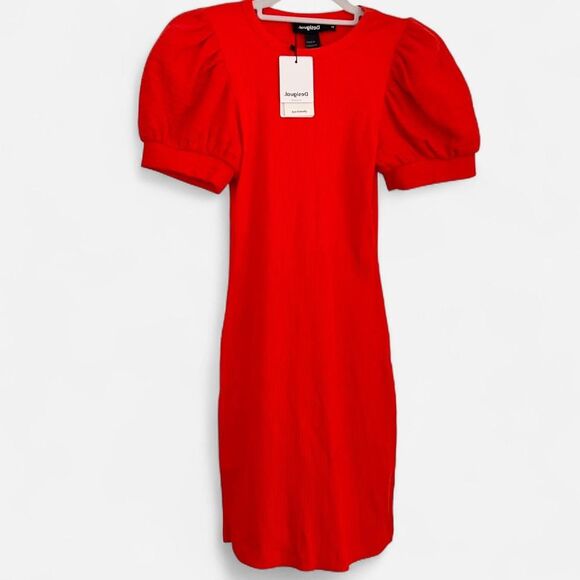 Desigual Coral Ribbed Knit Puff-Sleeve Mini Dress – Artsy Euro-Girl Chic M NWT - Picture 3 of 8